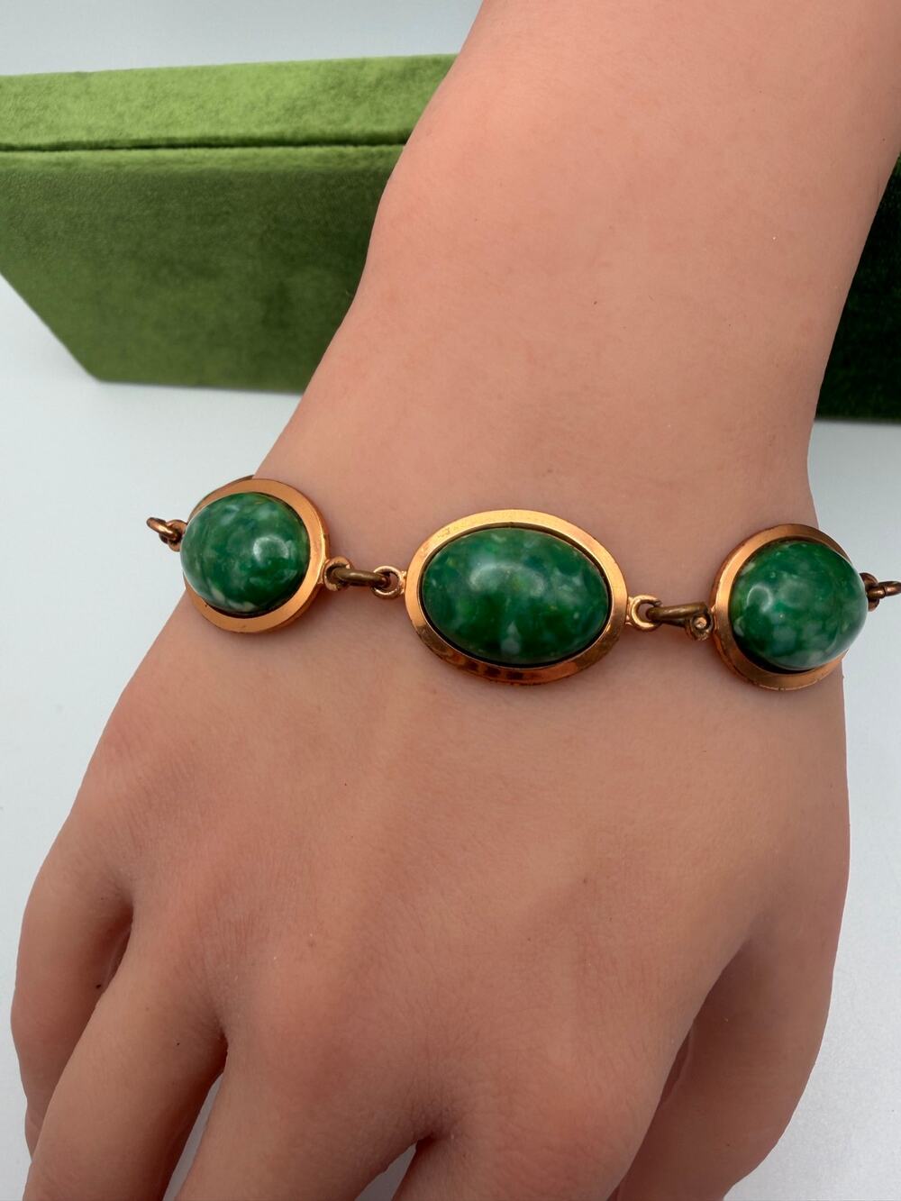 Vintage Copper Link Bracelet with Green stones